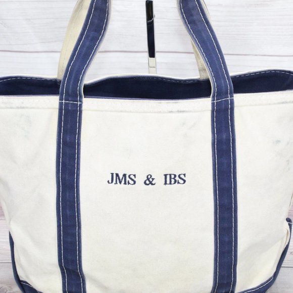 LL BEAN Boat & Tote Cream Canvas Blue Trim JMS & IBS Zip Top Purse Tote Handbag - Picture 2 of 9
